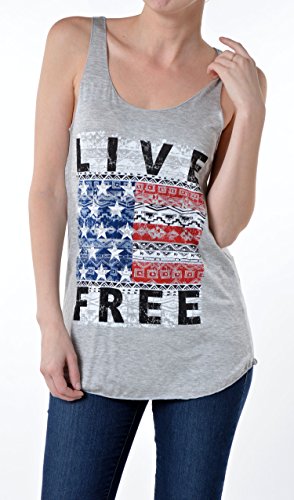 0736631105530 - GNG WOMENS LIVE FREE AMERICAN FLAG GRAPHIC TOP (LARGE, H.GREY)