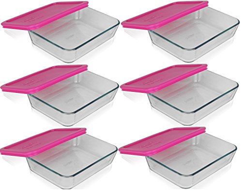 0736631244420 - PYREX 3-CUP RECTANGLE GLASS FOOD STORAGE CONTAINERS WITH PINK PLASTIC LIDS.USE FOR LUNCH BOX, STORAGE FOOD ,AND BAKING DISH (PACK OF 6 GLASS CONTAINERS) )
