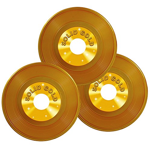 0736649582514 - 3 PACK THIN PLASTIC SOLID GOLD RECORD RETRO MUSIC PARTY DECORATIONS