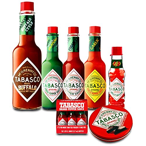 0736649977532 - TABASCO SAUCE AND CHOCOLATE PACK: BUFFALO STYLE, GARLIC PEPPER, ORIGINAL, GREEN JALAPENO, 6 ORIGINAL TRAVEL MINIATURES, TABASCO SPICY DARK CHOCOLATE WEDGES, JELLY BELLY TABASCO BEANS - GIFT BUNDLE