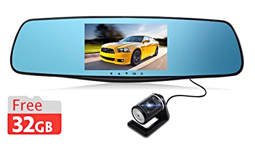 0736950842918 - REXING X80 5 LARGE TFT LCD FHD 1080P DUAL-LENS 170° WIDE ANGLE 32GB MEMORY CARD REAR VIEW MIRROR CAR CAMERA