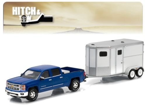 0736983507013 - NEW 1:64 HITCH & TOW SERIES 5 - BLUE 2015 CHEVROLET SILVERADO 1500 AND HORSE TRAILER DIECAST MODEL CAR BY GREENLIGHT