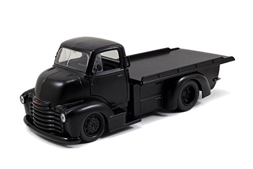 0736983520005 - NEW 1:24 W/B JADA JUST TRUCKS - 1952 CHEVROLET COE PICKUP MATTE BLACK PAINT WITH BLACK WHEELS AND FLATBED TRUCK DIECAST CAR BY JADA TOYS