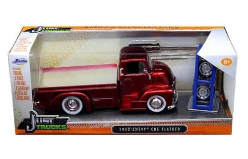 0736983520173 - NEW 1:24 W/B JADA JUST TRUCKS - CANDY RED 1952 CHEVROLET COE FLATBED WITH EXTRA WHEELS DIECAST CAR BY JADA TOYS
