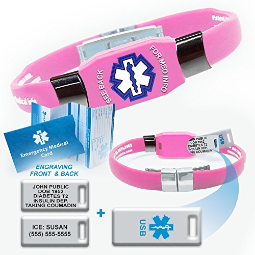 0737080728974 - WATERPROOF PINK SILICONE ELITE PLUS USB MEDICAL ALERT ID BRACELET WITH 2 GB USB AND CUSTOM ENGRAVING ON EXCLUSIVE ACRYLIC PLATE.