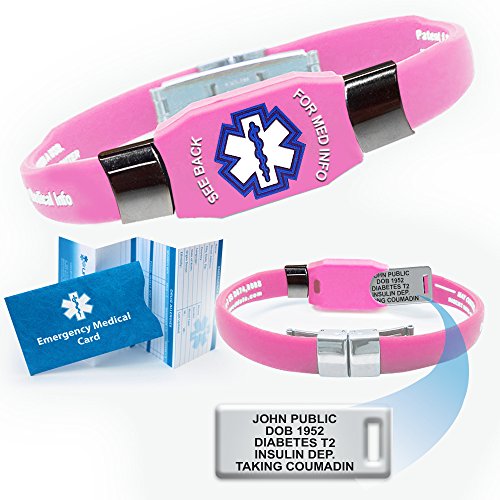 0737080729025 - OUR PINK ELITE MEDICAL ALERT ID BRACELET INCLUDES UP TO 10 LINES OF CUSTOM ENGRAVING ON OUR EXCLUSIVE ACRYLIC PLATE.