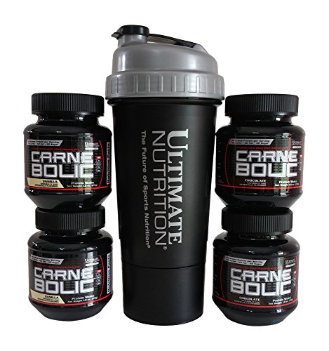 0737123409648 - ULTIMATE NUTRITION CARNE BOLIC SAMPLES- 2 CHOCOLATE AND 2 VANILLA PLUS TYPHOON SHAKER CUP WITH STORAGE COMPARTMENT FOR POWDER OR PILLS