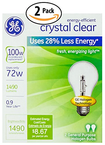 0737452130510 - GE 72 WATT CRYSTAL CLEAR HALOGEN ENERGY-EFFICIENT LIGHT BULB 2 PACK - DELIVERS THE SAME 1490 LUMENS AS A 100 WATT INCANDESCENT AND USES 28% LESS ENERGY. MEDIUM BASE FITS MOST LAMPS, WARM APPEARANCE.