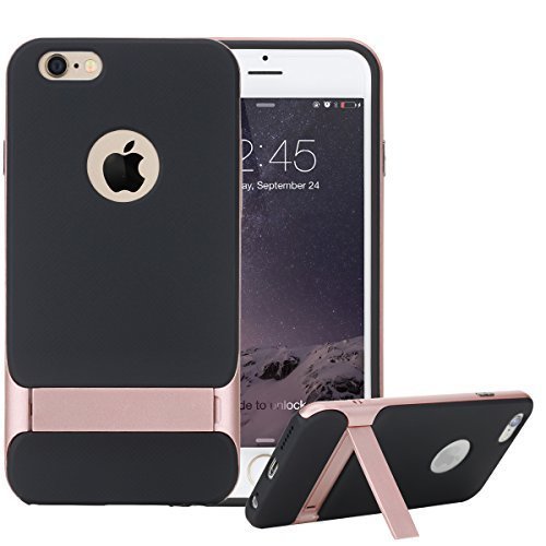 0737488578553 - IPHONE 6S CASE, ROCK® CLASSIC SHELL HYBRID DOUBLE LAYER SHOCK ABSORBING ARMOR DEFENDER CASE COVER WITH KICKSTAND FOR APPLE IPHONE 6S / IPHONE 6 4.7 INCH (ROSE GOLD/BLACK)