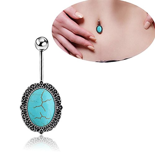 0737590751868 - VINTAGE NATURAL TURQUOISE NAVEL RING BELLY RING HYPO-ALERGENIC（OVAL）