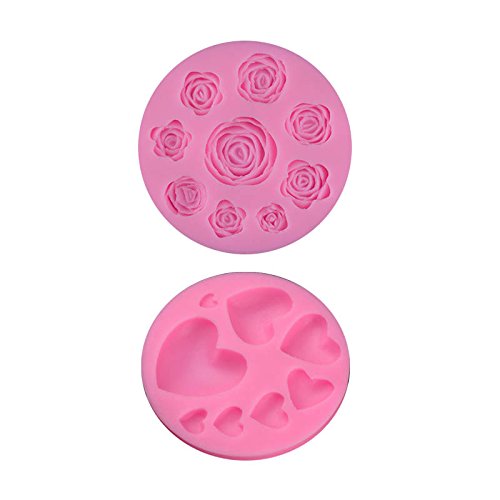 0737590752216 - BAKER DEPOT 3D SILICONE FONDANT MOLD CAKE DECORATING TOOLS ROSE HEART DESIGN SILICONE BAKING TOOL SET OF 2 PINK COLOR
