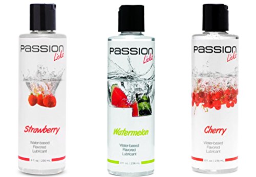 0737925917945 - PASSION LICKS WATER BASED FLAVORED LUBRICANTS KIT - STRAWBERRY, WATERMELON AND CHERRY FLAVORED LUBES, 8 OZ EACH.