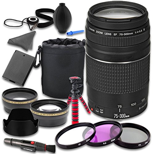 0737946177649 - ACCESSORY KIT WITH CANON EF 75-300MM F/4-5.6 III LENS + 2.2X TELEPHOTO LENS + 0.43X WIDEANGLE LENS + LENS BAG + EXTRA BATTERY + 3 PC FILTER KIT + TRIPOD FOR CANON EOS REBEL SL1 DSLR CAMERA
