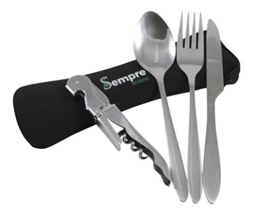0737946930039 - SEMPRE (TM) 4 PIECE COMBO STAINLESS STEEL KNIFE FORK SPOON SET WITH BONUS WINE/BOTTLE OPENER ALL IN A LIGHTWEIGHT WASHABLE CARRYING CASE/POUCH. FOR TRAVEL, CAMPING, PICNICS, SCHOOL, WORK AND OFFICE.