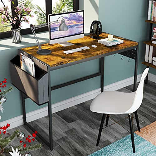 0737970904969 - AWQM COMPUTER DESK 39 INCH, HOME OFFICE WORK DESK LAPTOP DESK WITH SIDE BAG, STUDY WRITING TABLE DESKTOP TABLE WITH IRON HOOK, WORKSTATION FOR SMALL SPACES, ANTIQUE BROWN