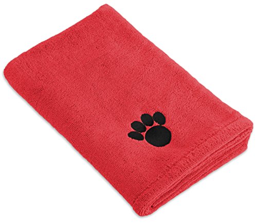 0738215341037 - DII BONE DRY MICROFIBER DOG BATH TOWEL WITH EMBROIDERED PAW PRINT, 44X27.5, RED