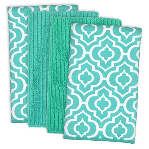 0738215341143 - DII CLEANING, WASHING, DRYING, ULTRA ABSORBENT, LATTICE MICROFIBER DISHCLOTH 16X19 (SET OF 4) - TEAL