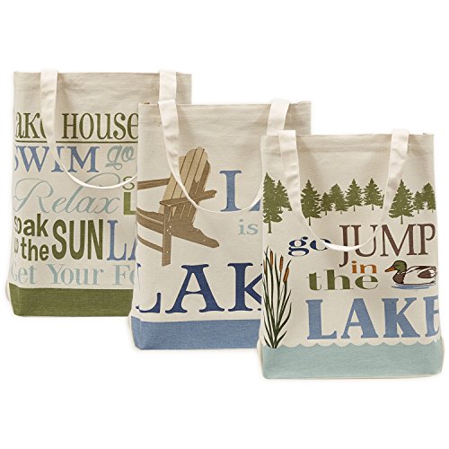 0738215347879 - DII 100% COTTON, MACHINE WASHABLE HEAVY DUTY CANVAS REUSABLE SHOPPING TOTE BAGS, LAKE HOUSE PRINTED TOTES, SET OF 3