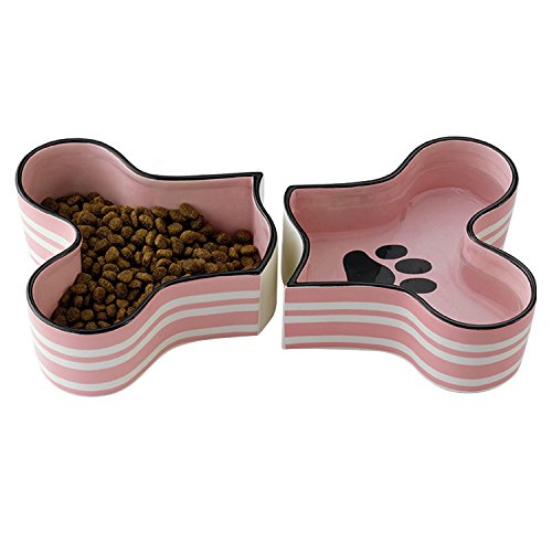 0738215349408 - BONE DRY CERAMIC 2 PIECE BONE SHAPED PET BOWL FOR FOOD AND WATER, PINK