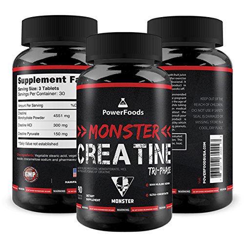 0738417355443 - PURE CREATINE TRI-PHASE ★ MONSTER CREATINE TRIPHASE - X90 TABLETS (EASY TO SWALLOW) ★ MONOHYDRATE, HCL AND PYRUVATE (5000MG COMPLEX) ★ MUSCLE PERFORMANCE + BOOSTS ATP ★ BEST CREATINE BLEND