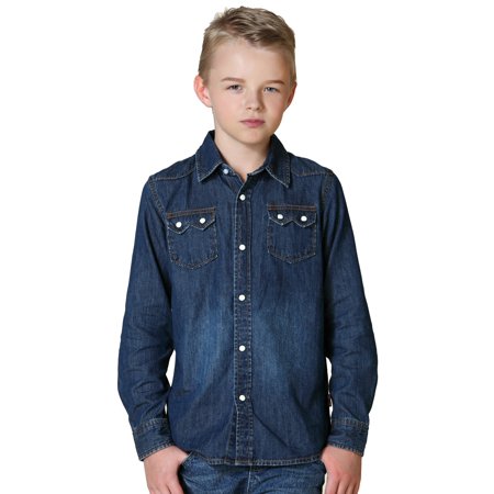 0738470919668 - LEO&LILY BIG BOYS' LONG SLEEVE CASUAL BUTTON DOWN DENIM SHIRT WITH FRONT POCKETS14 BLUE