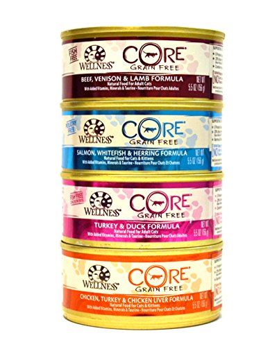 0738614700015 - WELLNESS CORE NATURAL GRAIN FREE WET CANNED CAT FOOD VARIETY PACK - 4 FLAVORS - 5.5-OUNCE CANS (3 OF EACH FLAVOR - 12 TOTAL CANS)