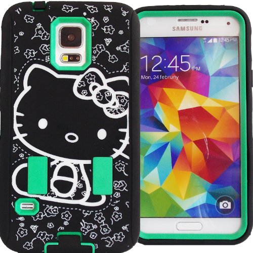 0738759631533 - CUTE GREEN BLACK & WHITE HELLO KITTY HYBRID CASE FOR SAMSUNG GALAXY S5 SHOCKPROOF HEAVY DUTY ANTI-SLIP DUAL LAYER PROTECTIVE SHOCK-ABSORBING CUTE BOW STRONG COVER + SCREEN PROTECTOR & STYLUS FREE GIFT WATERPROOF PRINCESS KITTY STICKER