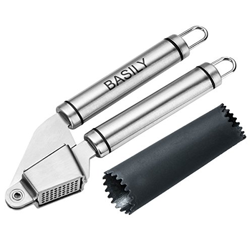 0738759765306 - BASILY GARLIC PRESS - GARLIC PEELER PREMIUM HIGH QUALITY STAINLESS STEEL GRADE - SILICON ROLLING TUBE PEELER INCLUDED, STAINLESS STEEL