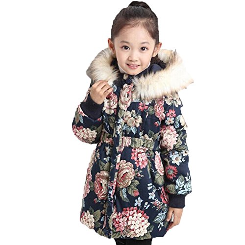 0738770910433 - GENERIC BABY GIRLS' COTTON PRINT HOODED FUR COLLAR WINTER OUTERWEAR JACKETS (4T, NAVY BLUE)