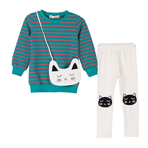0738770911874 - GENERIC BABY GIRLS COTTON LONG SLEEVES CARTOON STRIPE TOPS AND PANTS CLOTHING SETS (8T, GREEN)