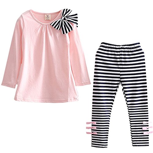 0738770912321 - GENERIC BABY GIRLS BOW STRIPE TOPS AND PANTS CLOTHING SETS (3T, PINK)