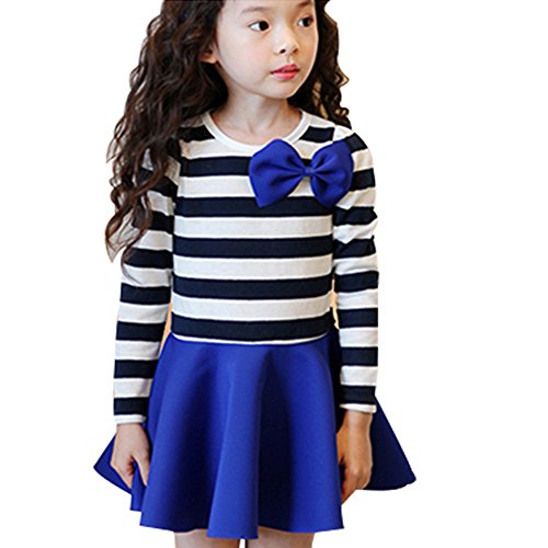 0738770912611 - GENERIC BABY GIRLS LONG SLEEVES O-NECK STRIPE PRINCESS DRESS WITH BOW (3T, BLUE)