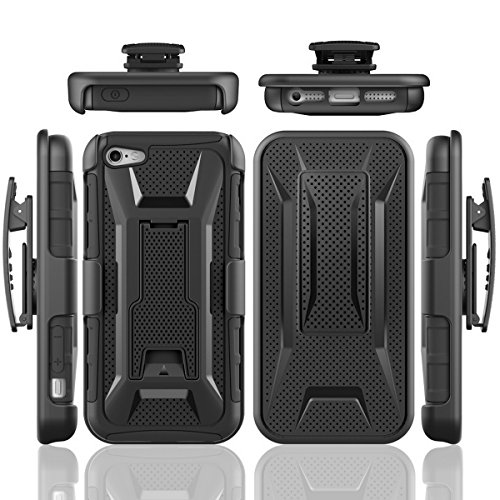 0739340499297 - IPHONE SE CASE , ZYSTERT HEAVY DUTY PLASTIC AND RUBBER CASE HARD SHIELD LAYER HOLSTER CASE WITH KICKSTAND AND LOCKING BELT SWIVEL CLIP FOR APPLE IPHONE SE - (BLACK)