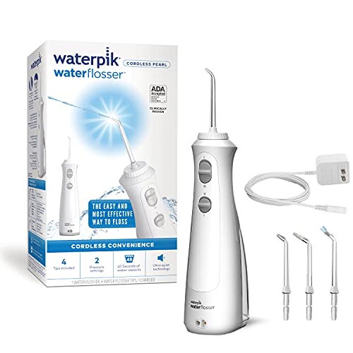 0073950301923 - WATERPIK CORDLESS PEARL RECHARGEABLE PORTABLE WATER FLOSSER FOR TEETH, GUMS, BRACES CARE AND TRAVEL WITH 4 FLOSSING TIPS, ADA ACCEPTED, WF-13 WHITE