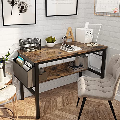 0739535956864 - AWQM COMPUTER HOME OFFICE DESK, 43 SMALL DESK TABLE WITH STORAGE SHELF AND BOOKSHELF, SIDE BAG, IRON HOOK, STUDY WRITING TABLE MODERN SIMPLE STYLE SPACE SAVING DESIGN, RUSTIC BROWN