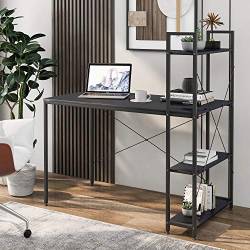 0739535956888 - AWQM COMPUTER DESK WITH 4 TIER SHELVES, 47 MULTI LEVEL WRITING STUDY TABLE WITH BOOKSHELVES, REVERSIBLE WRITING DESK WITH STORAGE MODERN COMPACT HOME OFFICE WORKSTATION, BLACK