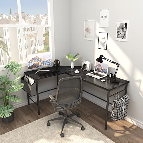 0739535956901 - AWQM MODERN L-SHAPED COMPUTER OFFICE DESK CORNER GAMING DESK WITH STORAGE BAG AND IRON HOOKS HOME OFFICE STUDY WRITING TABLE WORKSTATION FOR SMALL SPACES, BLACK