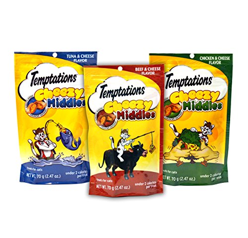 0739615818952 - TEMPTATIONS CAT TREATS CHEEZY MIDDLES VARIETY PACK - 3 FLAVORS (TUNA & CHEESE, CHICKEN & CHEESE, AND BEEF & CHEESE FLAVORS) 3 POUCHES - 2.47 OZ EACH