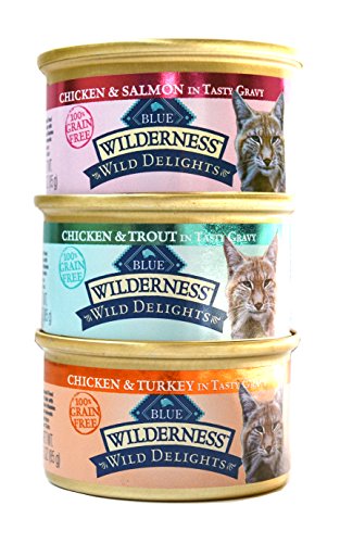 0739615819348 - BLUE BUFFALO WILDERNESS GRAIN-FREE WILD DELIGHTS VARIETY PACK CAT FOOD - 3 FLAVORS (CHICKEN & TROUT, CHICKEN & SALMON, AND CHICKEN & TURKEY) - 12 (3 OUNCE) CANS - 4 OF EACH FLAVOR