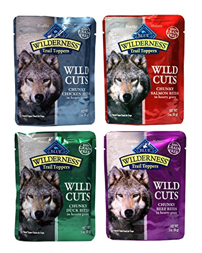 0739615819416 - BLUE BUFFALO WILDERNESS TRAIL TOPPERS WILD CUTS DOG GRAVY SNACKS VARIETY PACK - 4 FLAVORS (CHUNKY SALMON, BEEF, CHICKEN, & DUCK) - 3 OUNCE EACH (4 TOTAL POUCHES)