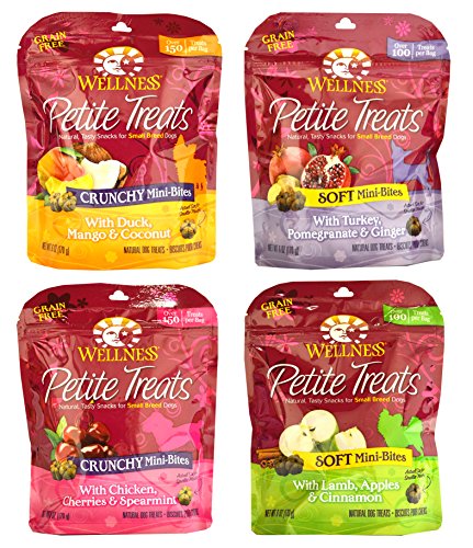0739615819676 - WELLNESS PETITE TREATS NATURAL GRAIN FREE SMALL BREED DOG TREATS VARIETY PACK - 4 FLAVORS - 6 OUNCES EACH (4 TOTAL POUCHES)