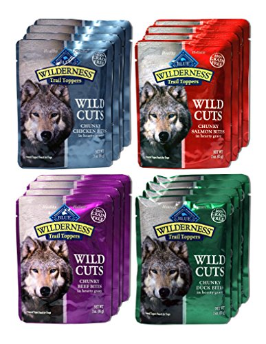 0739615820139 - BLUE BUFFALO WILDERNESS TRAIL TOPPERS WILD CUTS DOG GRAVY SNACKS VARIETY PACK - 4 FLAVORS (CHUNKY SALMON, BEEF, CHICKEN, & DUCK) - 3 OUNCE EACH (16 TOTAL POUCHES)