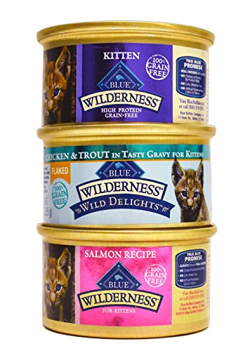 0739615820283 - BLUE BUFFALO WILDERNESS GRAIN-FREE KITTEN / CAT FOOD VARIETY PACK BOX - 3 FLAVORS (SALMON, CHICKEN, & FLAKED WILD DELIGHTS CHICKEN & TROUT) - 12 (3 OUNCE) CANS - 4 OF EACH FLAVOR