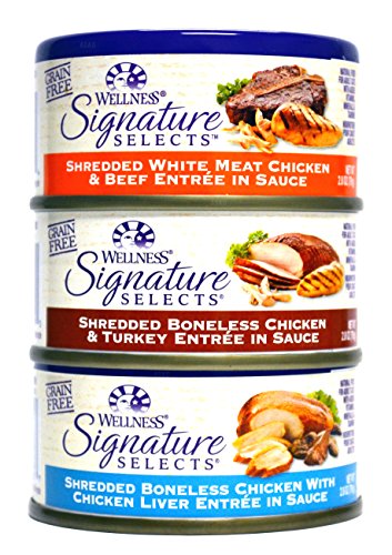 0739615820542 - WELLNESS NATURAL GRAIN FREE SIGNATURE SELECTS SHREDDED WET CAT FOOD VARIETY PACK BOX - 3 FLAVORS (CHICKEN, BEEF, & TURKEY) - 2.8 OUNCES EACH (12 TOTAL CANS)