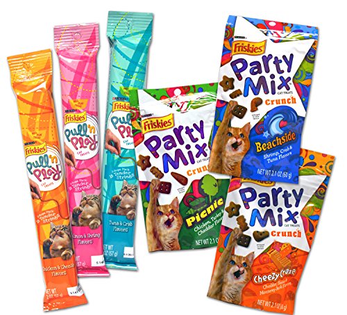 0739615820801 - FRISKIES PULL 'N PLAY / PARTY MIX CAT TREAT VARIETY PACK - 6 ITEMS - (3 PULL 'N PLAY TENDER STRING PACKS & 3 FRISKIES PARTY MIX CRUNCH TREATS FLAVORS)