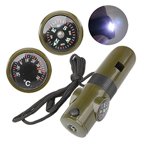 0740030974000 - JOY 7 IN 1 MULTIFUNCTION APITO OUTDOOR SURVIVAL WHISTLE WITH COMPASS MAGNIFIER MIRROR THERMOMETER LED FLASHLIGHT (ARMY GREEN)