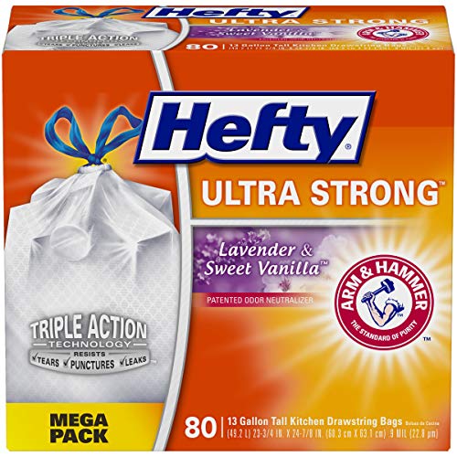 0740642555673 - HEFTY ULTRA STRONG TALL KITCHEN TRASH BAGS - LAVENDER SWEET VANILLA, 13 GALLON, 80 COUNT