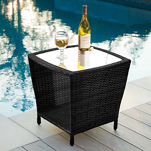 0740781923722 - PORTABLE BLACK OUTDOOR MULTI FUNCTIONAL PATIO WICKER SIDE TABLE THAT IS ECO FRIENDLY AND GOOD FOR POOLSIDE OR NEAR YOUR SEATING AREA, ITS MADE OF WICKER, ALUMINIUM, GLASS