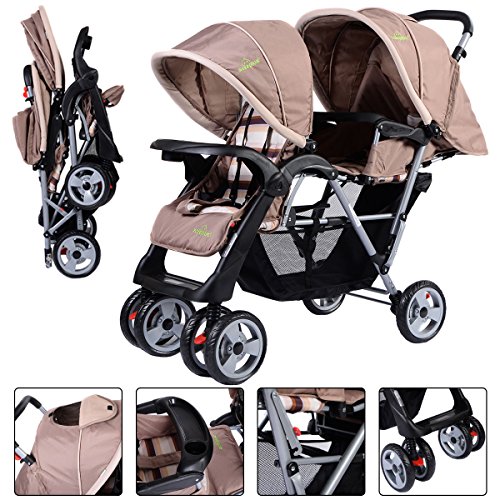 0740933662417 - FOLDABLE TWIN BABY DOUBLE STROLLER KIDS JOGGER TRAVEL INFANT PUSHCHAIR GRAY
