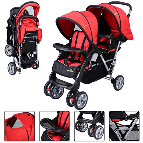 0740933662448 - FOLDABLE TWIN BABY DOUBLE STROLLER KIDS JOGGER TRAVEL INFANT PUSHCHAIR RED